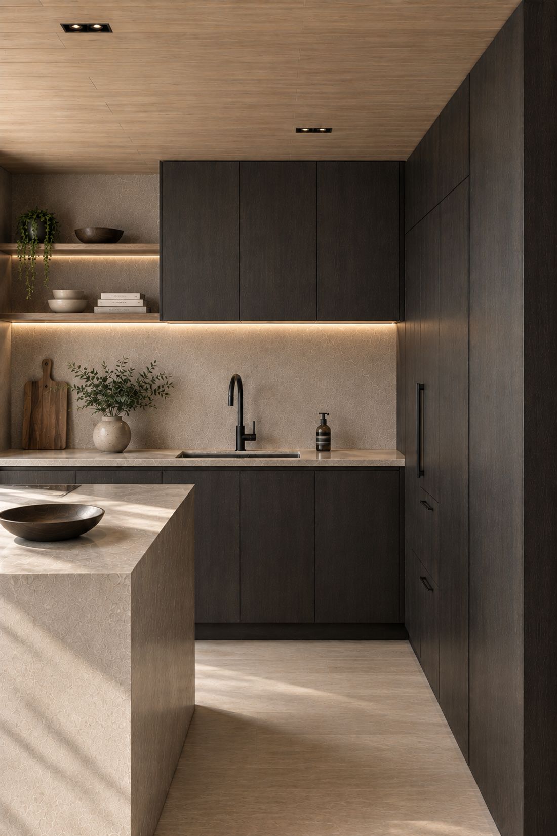 Cocina en roble teñido oscuro con encimera e isla de piedra clara, techo de madera y luz cálida bajo los muebles altos