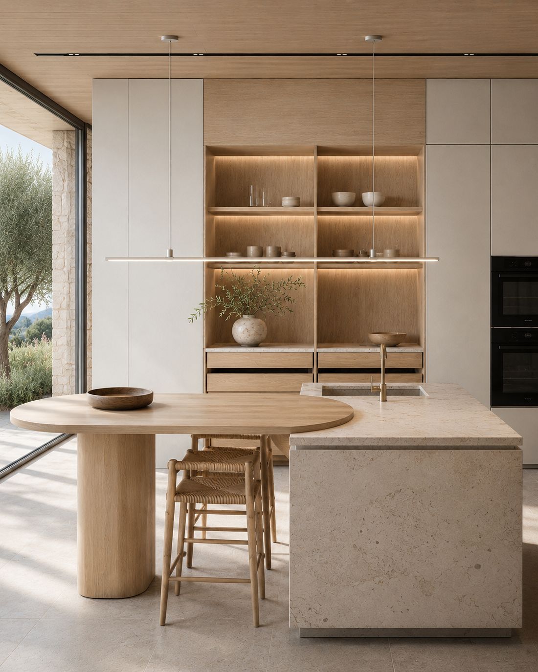 Cocina abierta en tonos crema con mesa redonda de madera, taburetes de enea y ventanal al jardín de olivos