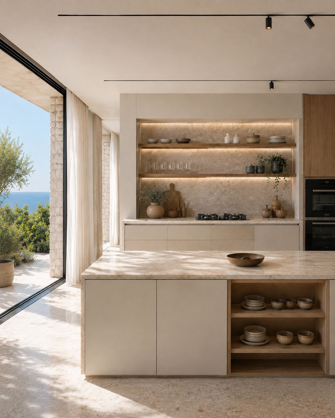 Cocina blanca frente al mar con hornacina retroiluminada, hornos integrados e isla con estantería abierta
