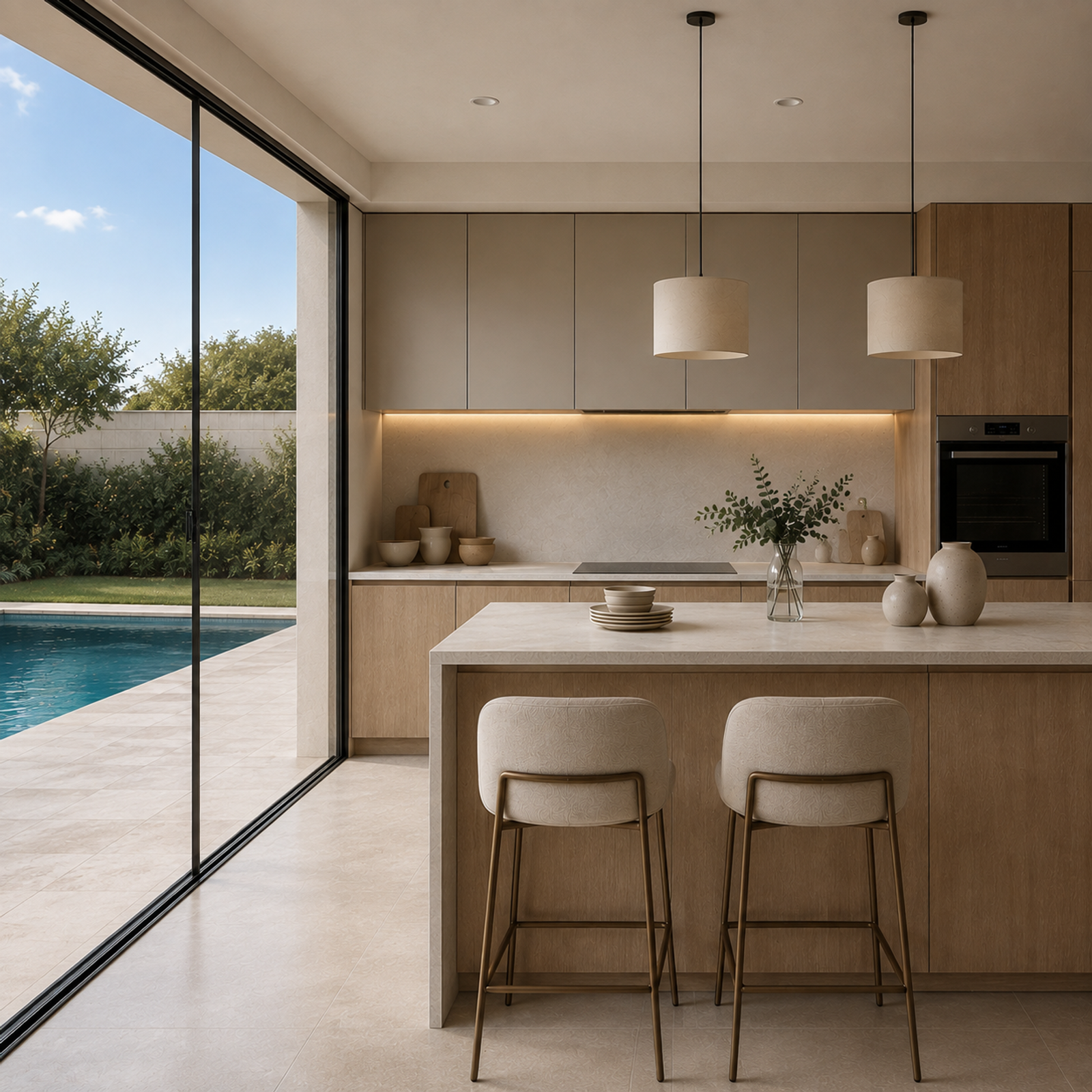 Cocina en madera clara con isla, taburetes tapizados y ventanal corredero abierto a la piscina