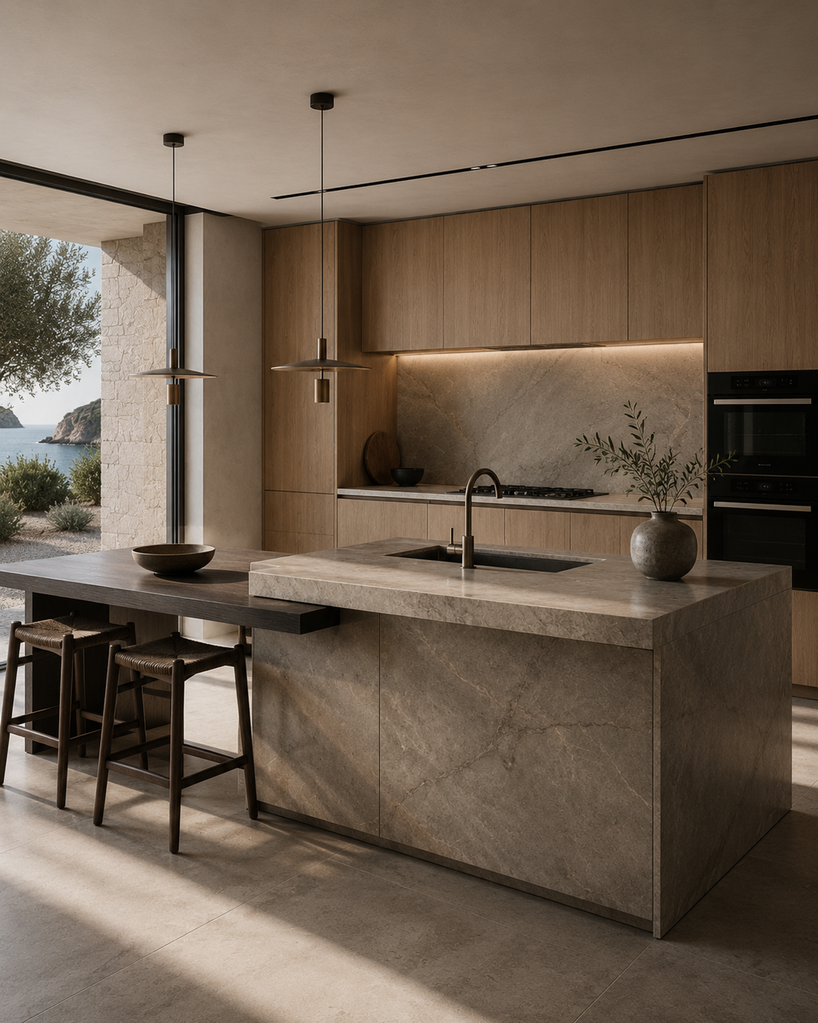 Cocina de roble con isla de piedra veteada y mesa alta anexa, abierta a un ventanal con vistas al mar